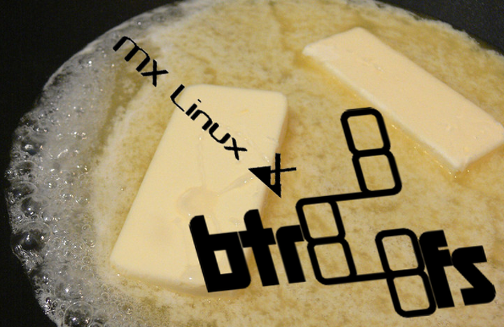 MX Logo diving into pool of butter labeled with the btrfs logo